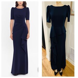 Xscape Ruffled Scuba 3/4 Sleeve Long Evening Gown, Midnight, Sz 10 NWT